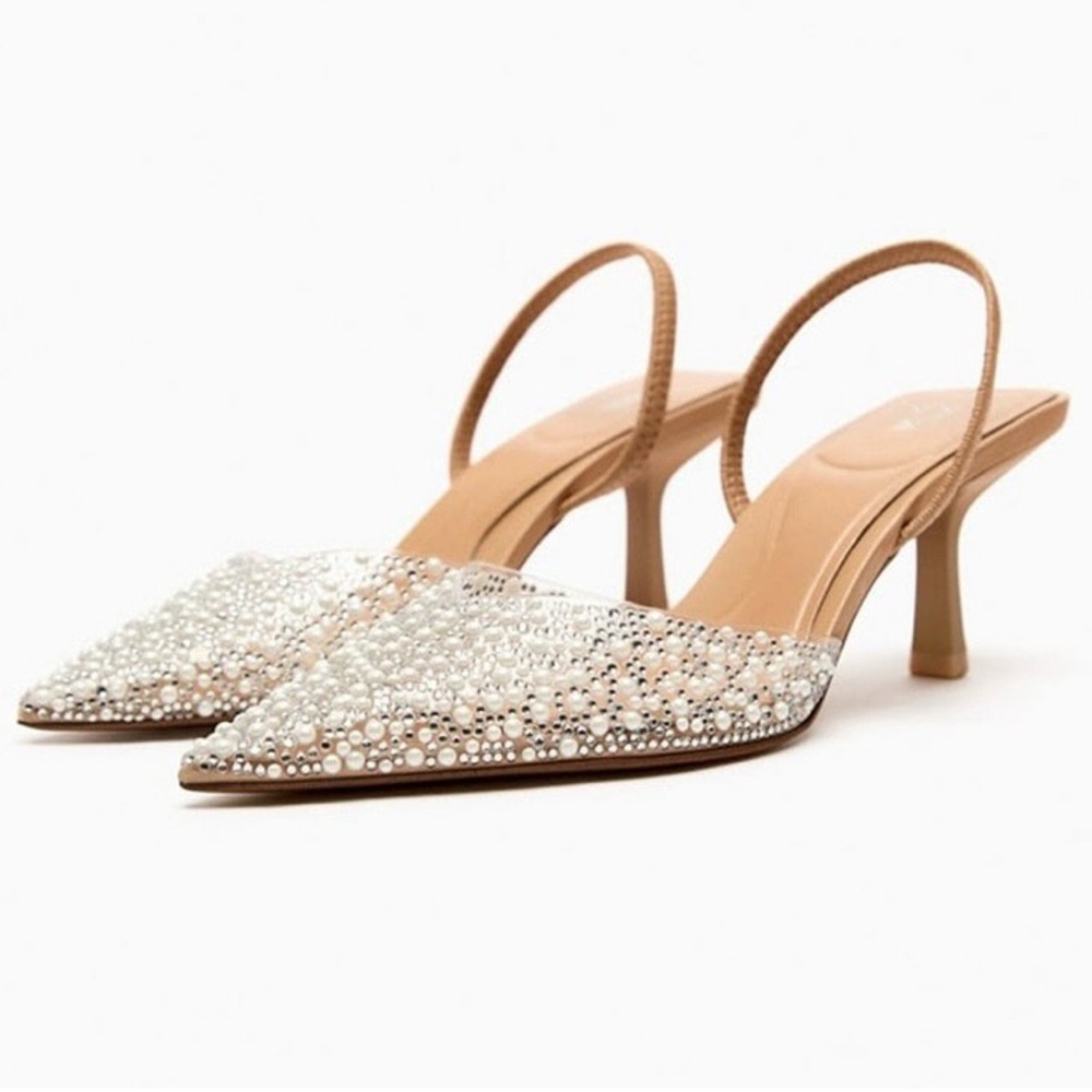 Zara Clear PVC Pearl & Rhinestone embellished Pointed Toe Slingback heels - Picture 2 of 7